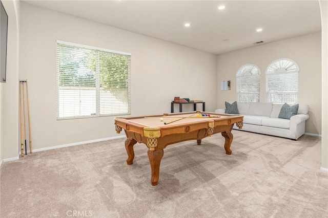 rec room with billiards, baseboards, visible vents, carpet, and recessed lighting