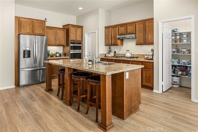 kitchen with appliances with stainless steel finishes, a sink, under cabinet range hood, and light wood finished floors