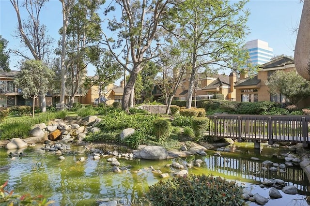 view of property's community featuring a small pond