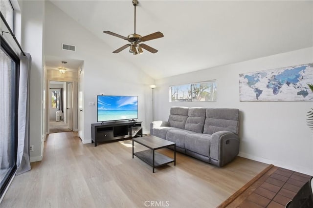 living area with visible vents, ceiling fan, high vaulted ceiling, light wood-type flooring, and baseboards