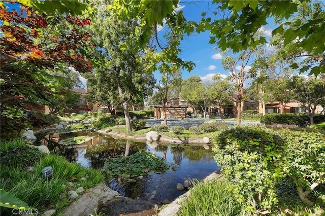 view of home's community with a garden pond