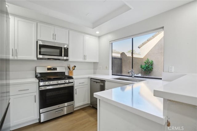 kitchen featuring a tray ceiling, appliances with stainless steel finishes, white cabinetry, a sink, and a peninsula