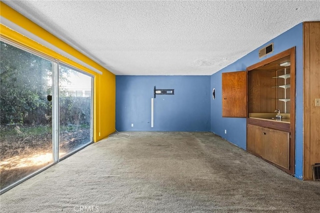 carpeted spare room with a textured ceiling, a sink, and visible vents