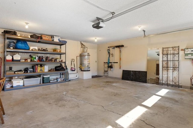 garage featuring a garage door opener and secured water heater