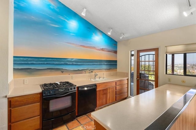 kitchen with brown cabinetry, vaulted ceiling, a textured ceiling, black appliances, and a sink