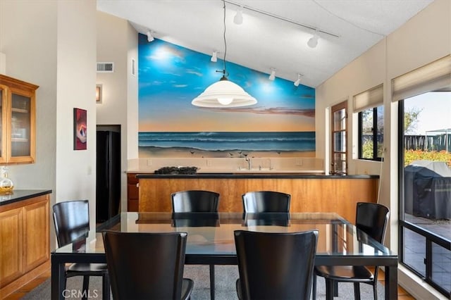 dining room featuring vaulted ceiling, indoor wet bar, and visible vents