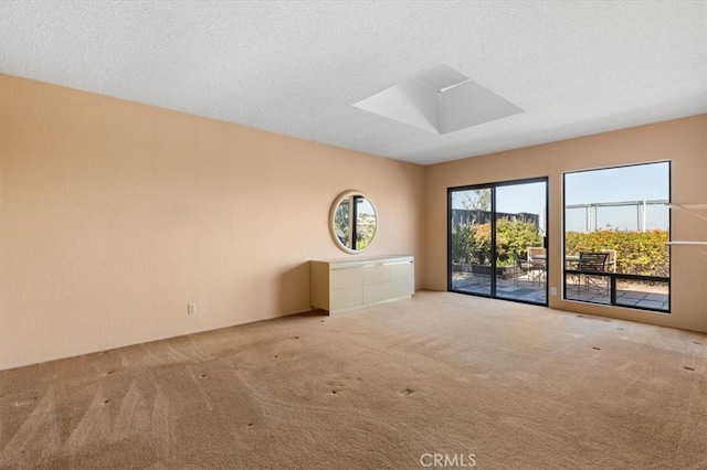 spare room with a textured ceiling, a skylight, and carpet flooring