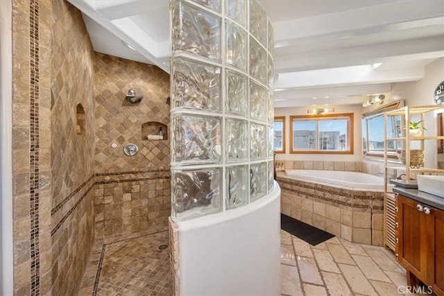 full bath featuring a walk in shower, beamed ceiling, vanity, and a bath