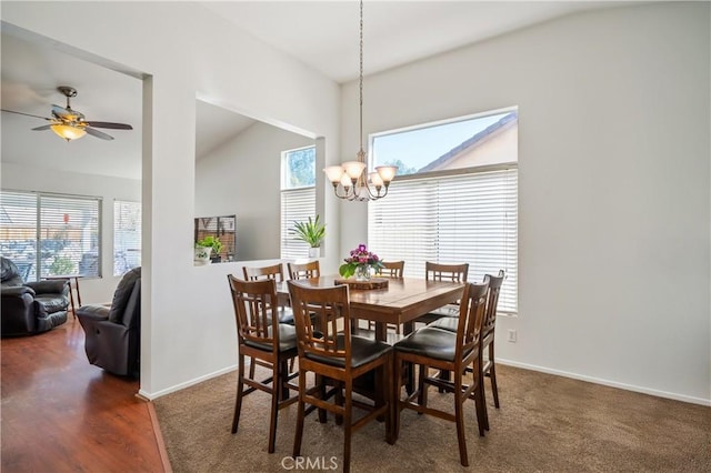 19390 Okeechobee Ln, Lake Elsinore, CA 92530 - dining area featuring a chandelier, plenty of natural light, lofted ceiling, ceiling fan, and baseboards