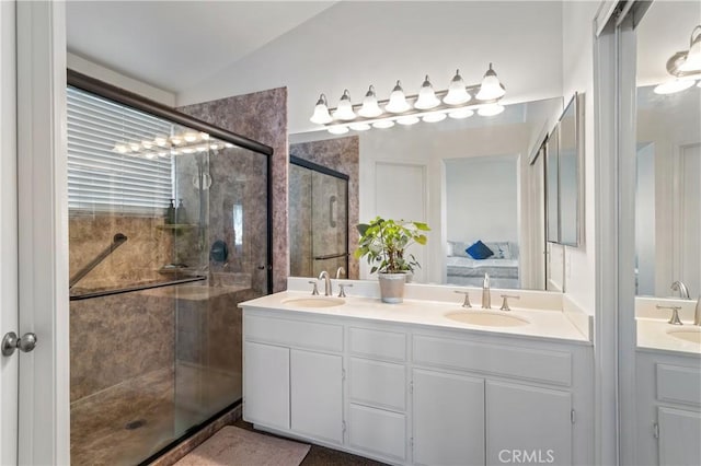19390 Okeechobee Ln, Lake Elsinore, CA 92530 - ensuite bathroom featuring vaulted ceiling, a shower stall, and double vanity