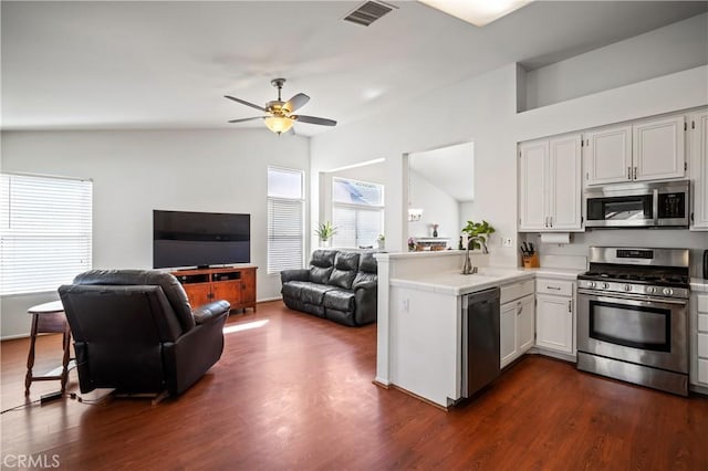 19390 Okeechobee Ln, Lake Elsinore, CA 92530 - kitchen featuring appliances with stainless steel finishes, a peninsula, a sink, light countertops, and open floor plan