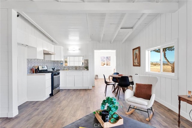 kitchen with a healthy amount of sunlight, stainless steel gas range, light wood-style flooring, and under cabinet range hood