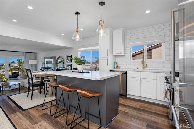 kitchen with dishwasher, dark wood-type flooring, a wealth of natural light, and tasteful backsplash