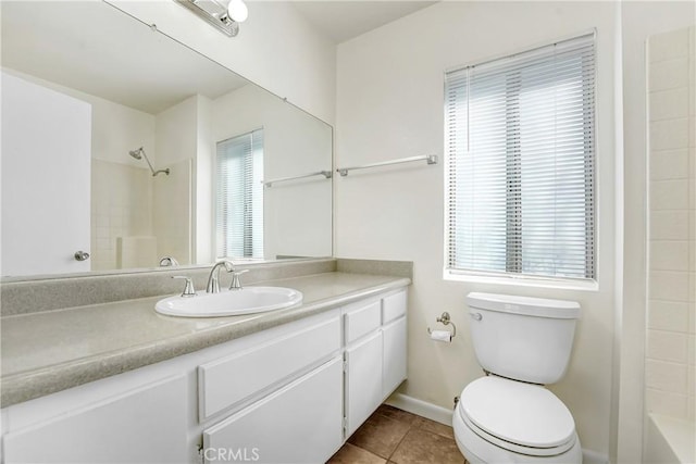 bathroom with baseboards, vanity, toilet, and tile patterned floors