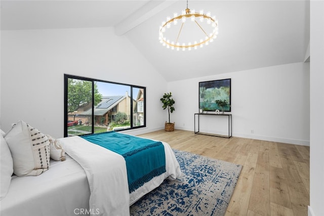 bedroom with an inviting chandelier, high vaulted ceiling, beamed ceiling, baseboards, and hardwood / wood-style flooring