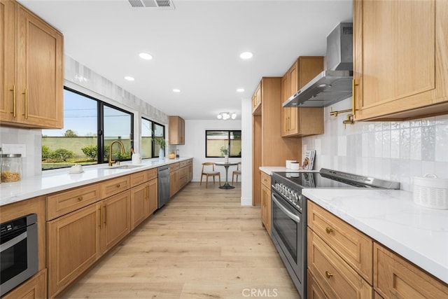 kitchen with tasteful backsplash, light wood-style flooring, appliances with stainless steel finishes, wall chimney range hood, and a sink