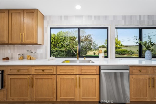 kitchen featuring tasteful backsplash, light countertops, a sink, and stainless steel dishwasher