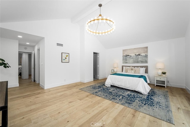 bedroom featuring beam ceiling, visible vents, hardwood / wood-style floors, an inviting chandelier, and baseboards