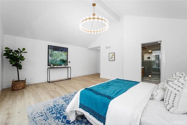 bedroom with high vaulted ceiling, a notable chandelier, wood finished floors, baseboards, and beamed ceiling