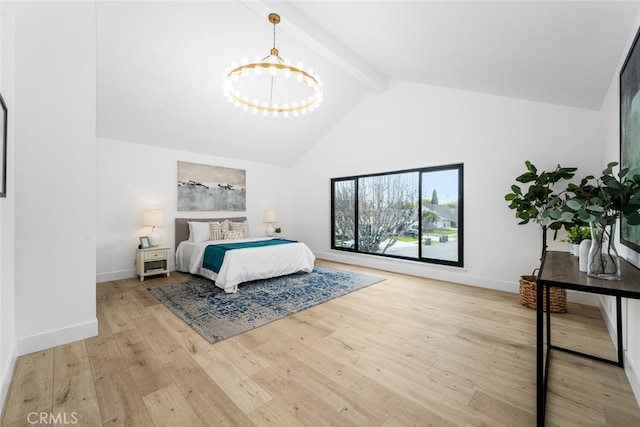 bedroom with high vaulted ceiling, hardwood / wood-style flooring, a notable chandelier, baseboards, and beam ceiling