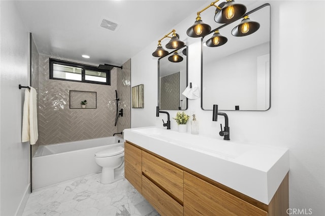 full bath with visible vents, toilet, shower / tub combination, marble finish floor, and a sink