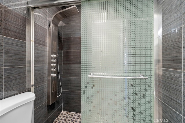 full bath featuring a stall shower, tile walls, and toilet