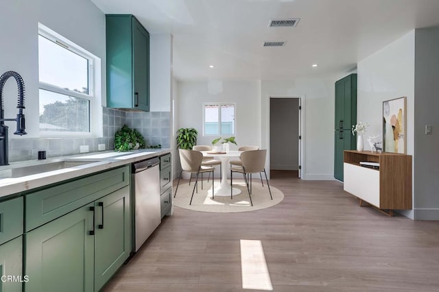 kitchen featuring a sink, dishwasher, visible vents, and green cabinets