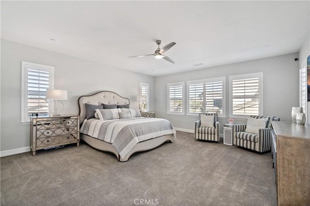 bedroom with carpet floors, ceiling fan, and baseboards