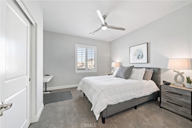 bedroom featuring carpet floors, ceiling fan, and baseboards