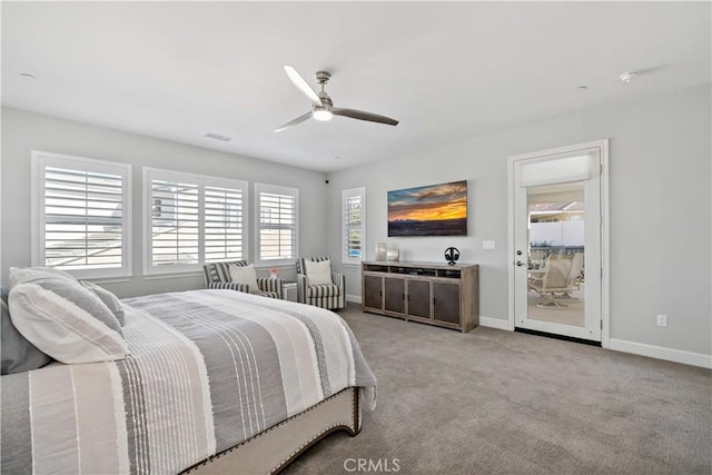 bedroom with light carpet, visible vents, baseboards, and a ceiling fan