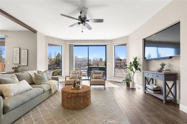 living room with baseboards, a ceiling fan, wood finished floors, and a wealth of natural light