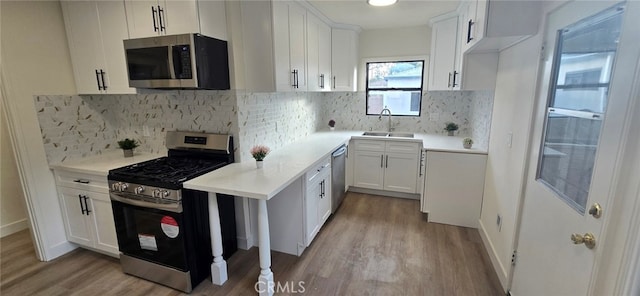 kitchen with wood finished floors, appliances with stainless steel finishes, a sink, and white cabinets