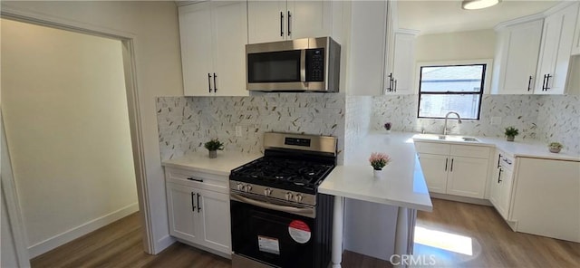 kitchen featuring appliances with stainless steel finishes, light countertops, a sink, and wood finished floors