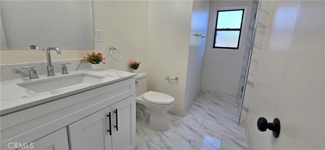 full bath featuring toilet, marble finish floor, walk in shower, and vanity