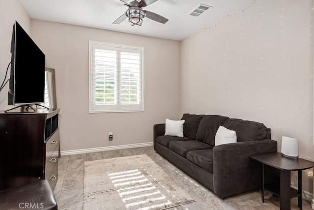 living area with visible vents, ceiling fan, and baseboards