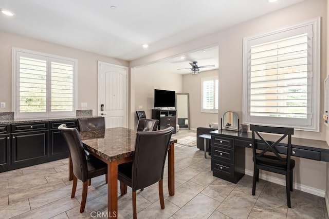 dining area featuring a ceiling fan, recessed lighting, and baseboards