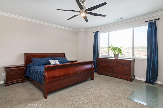 carpeted bedroom featuring ornamental molding, visible vents, and baseboards