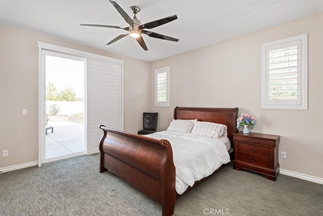 bedroom with carpet floors, access to outside, baseboards, and ceiling fan