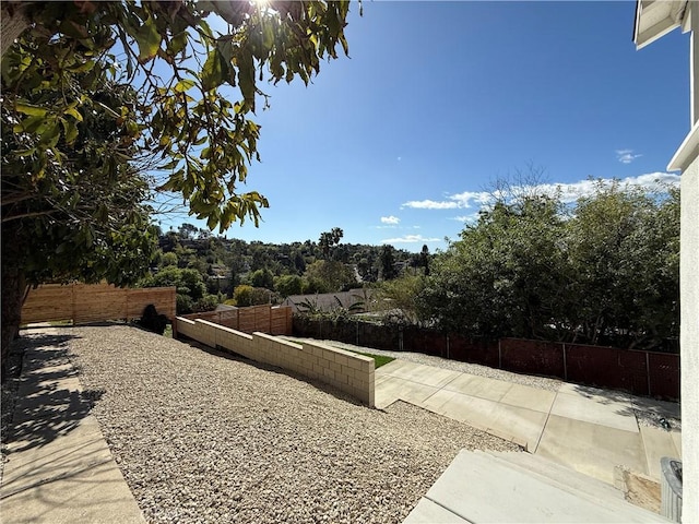 view of yard featuring fence and a patio