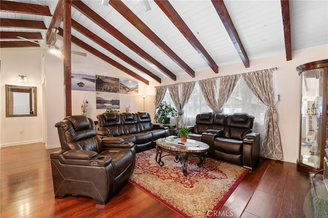 living room with high vaulted ceiling, wood-type flooring, beam ceiling, and baseboards