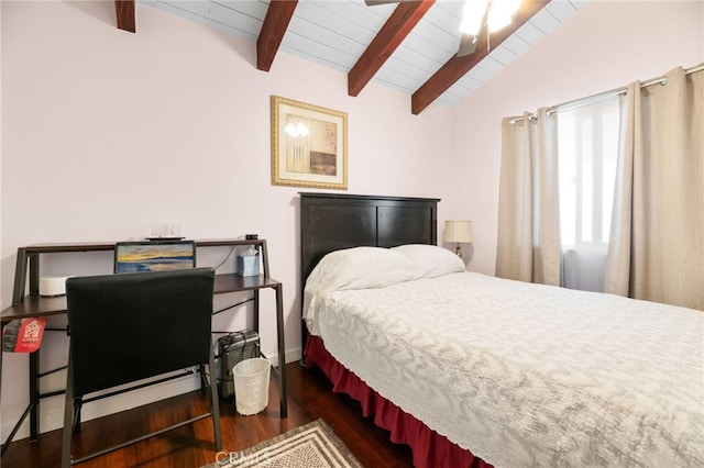 bedroom with lofted ceiling with beams, wooden ceiling, wood finished floors, and a ceiling fan