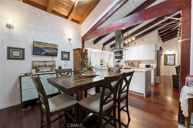 dining room featuring vaulted ceiling with beams, baseboards, and dark wood-type flooring