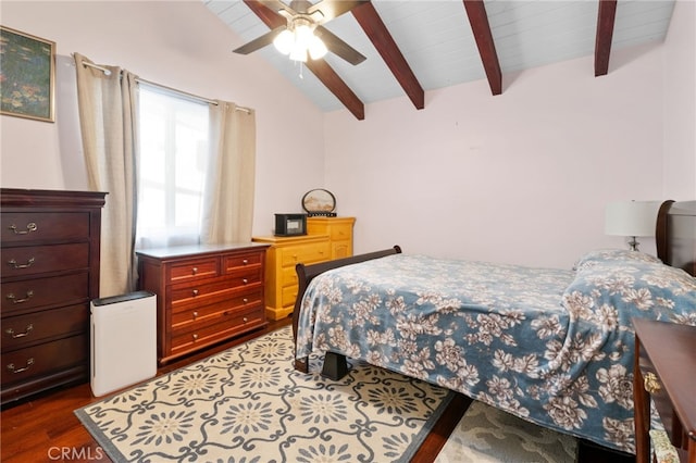 bedroom featuring lofted ceiling with beams, dark wood finished floors, and a ceiling fan