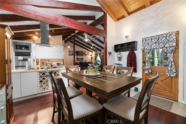 dining area with vaulted ceiling with beams, wood ceiling, a ceiling fan, and wood finished floors