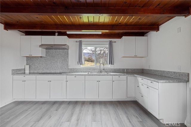 kitchen featuring light wood finished floors, white cabinets, a sink, black electric stovetop, and backsplash