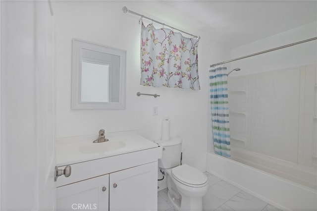 full bath with toilet, marble finish floor, shower / tub combo with curtain, and vanity