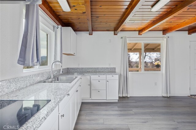 kitchen with a sink, beamed ceiling, black electric cooktop, wooden ceiling, and white cabinetry