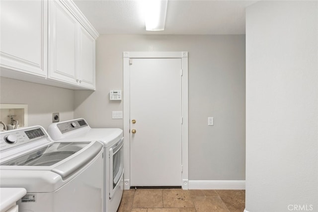 laundry area with cabinet space, baseboards, and washer and clothes dryer