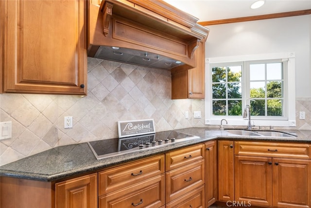 kitchen featuring tasteful backsplash, brown cabinets, custom exhaust hood, electric stovetop, and a sink