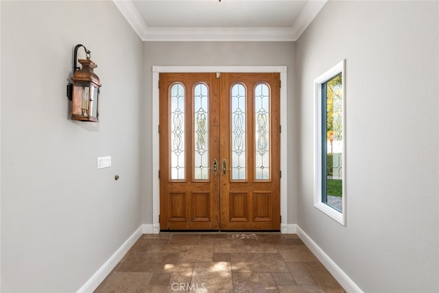 entrance foyer with plenty of natural light, baseboards, and stone finish flooring